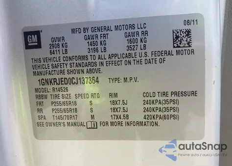 2012 Chevrolet Traverse 2Lt z USA, uszkodzony, nr VIN 1GNKRJED0CJ137364